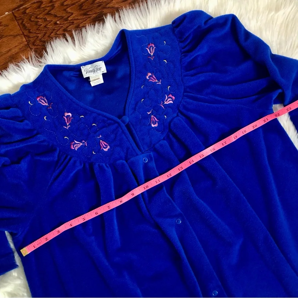 Vanity Fair Vintage Dark Blue Embroidered Long House Coat Pockets Button Up Soft